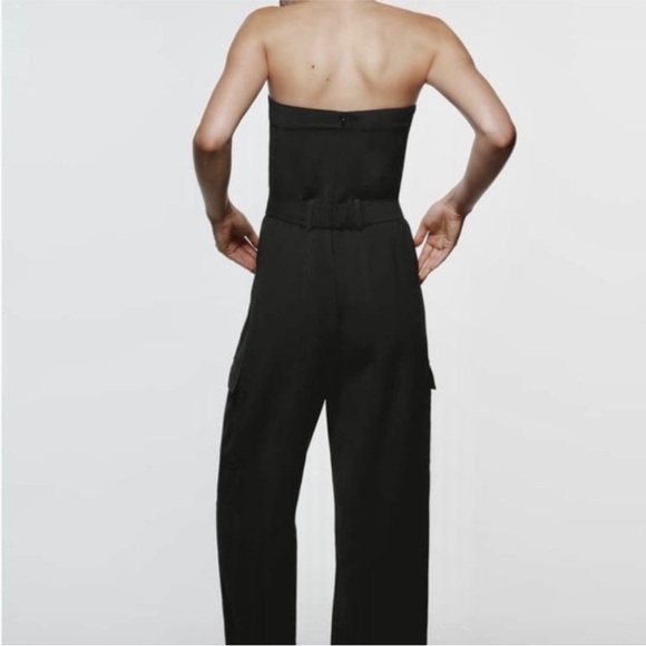 Zara belted black cargo pocket side strapless jumpsuit - Picture 7 of 8